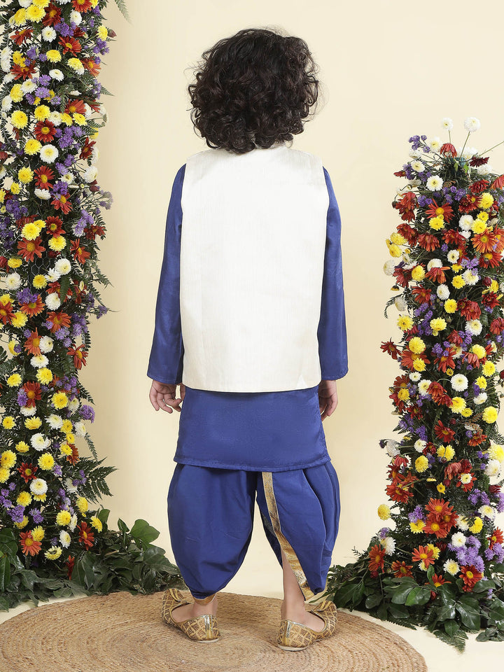 Floral Embroidery Mulberry Nehru Jacket with Blue Cotton Kurta Dhoti Set | SHOBITAM