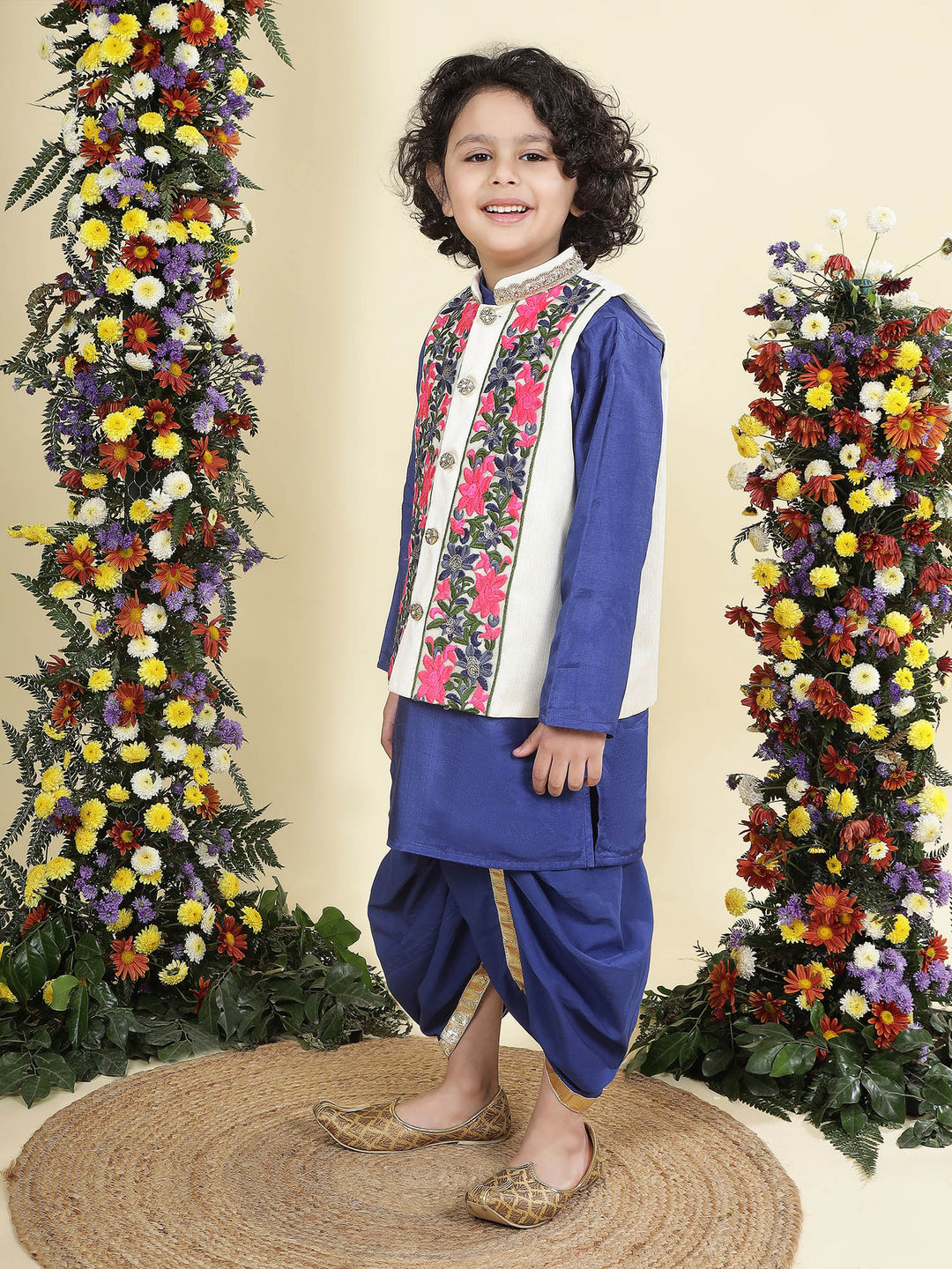 Floral Embroidery Mulberry Nehru Jacket with Blue Cotton Kurta Dhoti Set | SHOBITAM