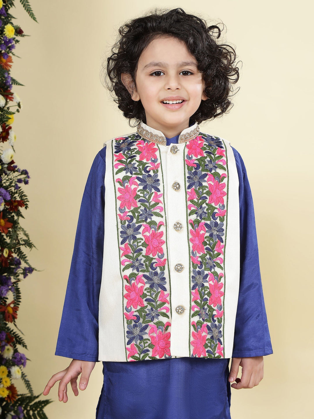 Floral Embroidery Mulberry Nehru Jacket with Blue Cotton Kurta Dhoti Set | SHOBITAM