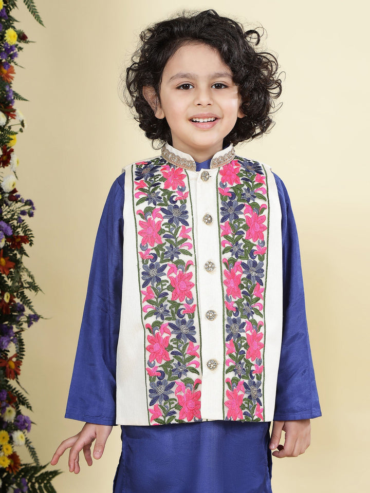 Floral Embroidery Mulberry Nehru Jacket with Blue Cotton Kurta Dhoti Set | SHOBITAM