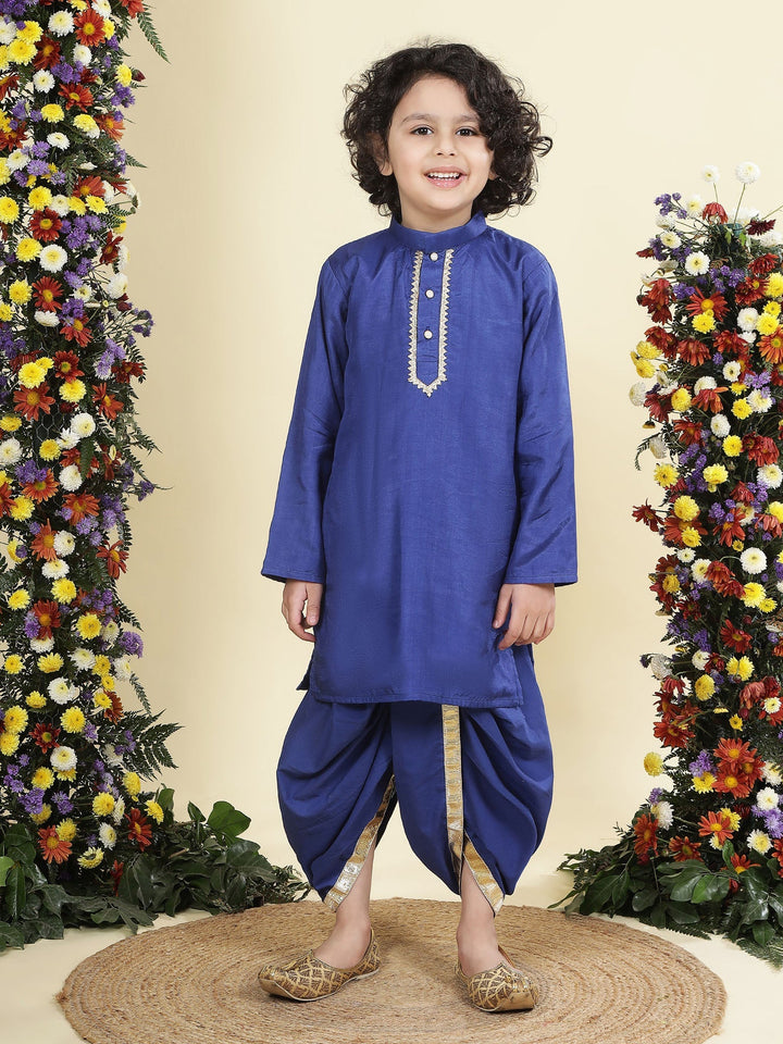 Floral Embroidery Mulberry Nehru Jacket with Blue Cotton Kurta Dhoti Set | SHOBITAM