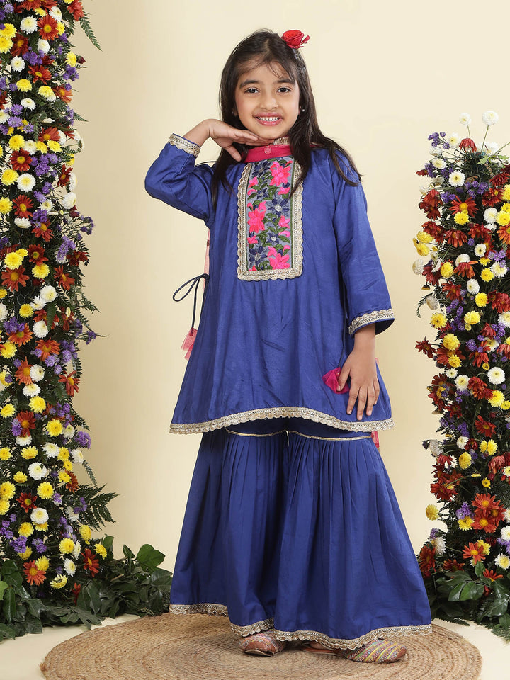 Blue Floral Embroidery Semi- Silk Kurta with Cotton Sharara and Dupatta Set | SHOBITAM