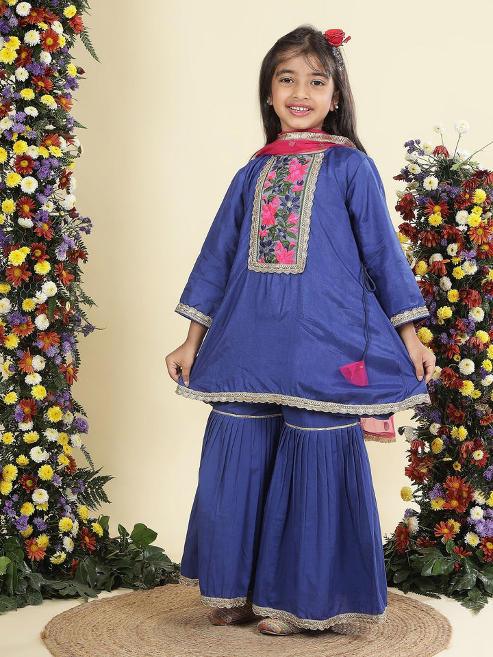 Blue Floral Embroidery Semi- Silk Kurta with Cotton Sharara and Dupatta Set | SHOBITAM