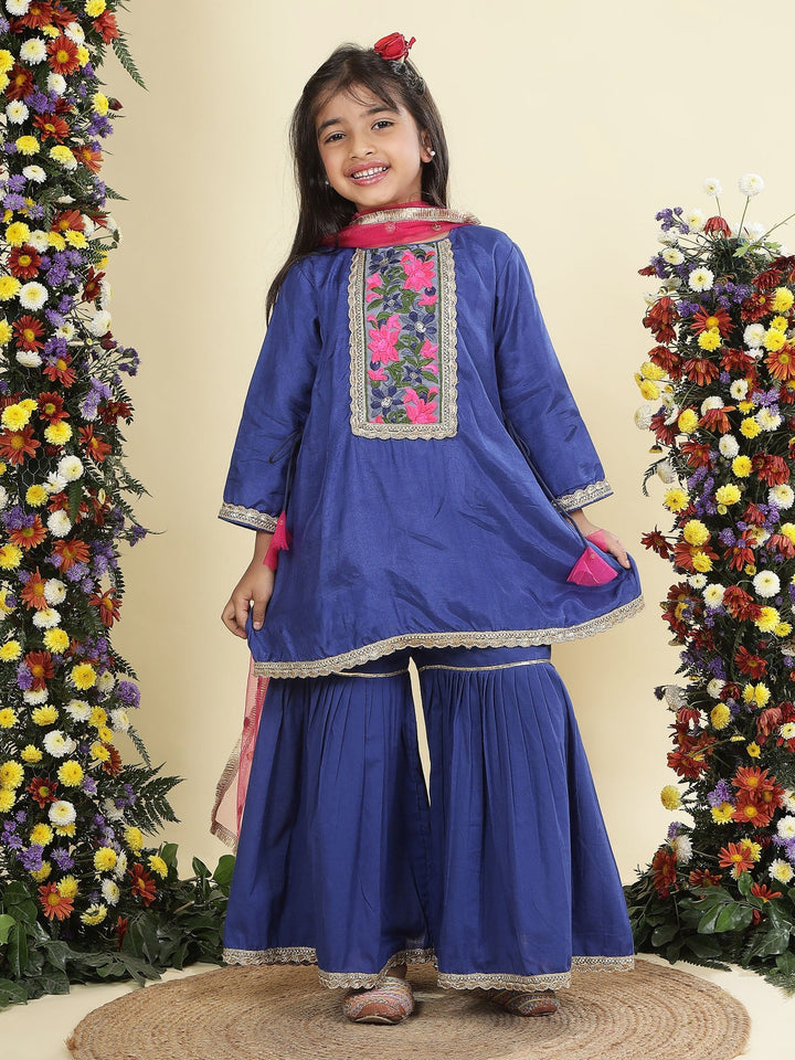 Blue Floral Embroidery Semi- Silk Kurta with Cotton Sharara and Dupatta Set | SHOBITAM