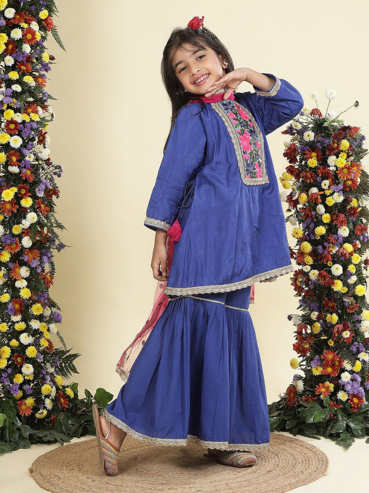 Blue Floral Embroidery Semi- Silk Kurta with Cotton Sharara and Dupatta Set | SHOBITAM