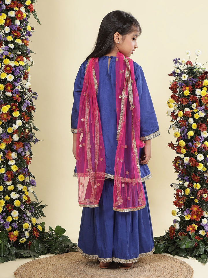 Blue Floral Embroidery Semi- Silk Kurta with Cotton Sharara and Dupatta Set | SHOBITAM