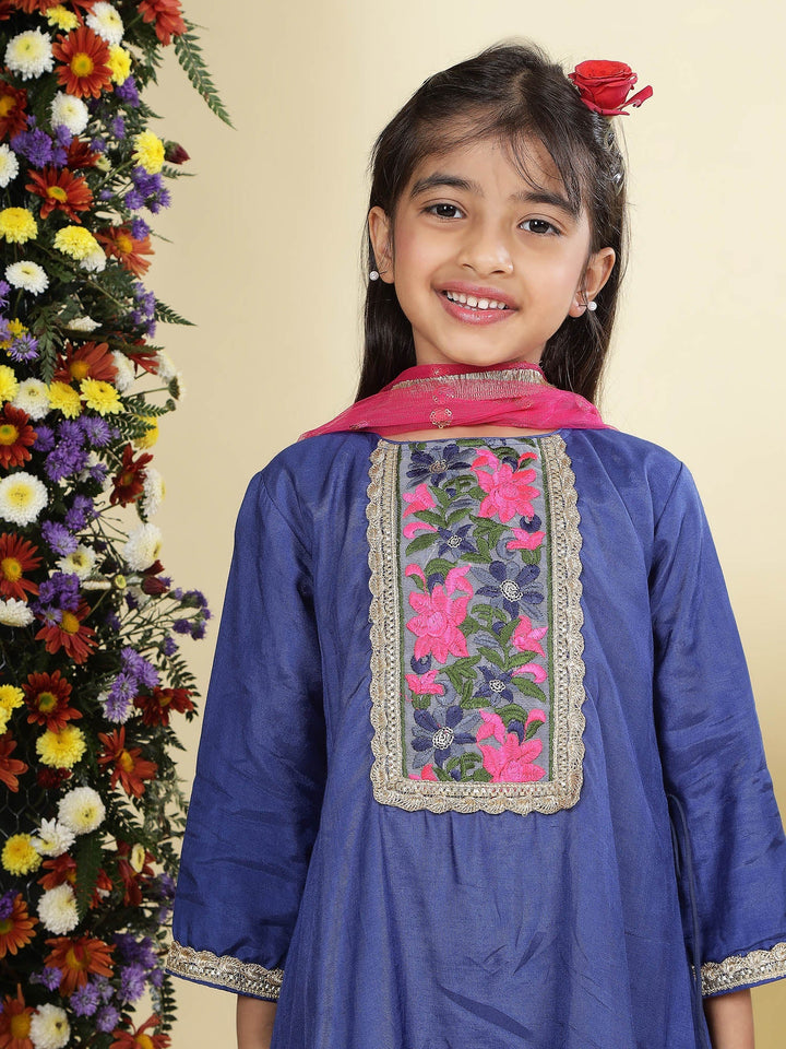 Blue Floral Embroidery Semi- Silk Kurta with Cotton Sharara and Dupatta Set | SHOBITAM