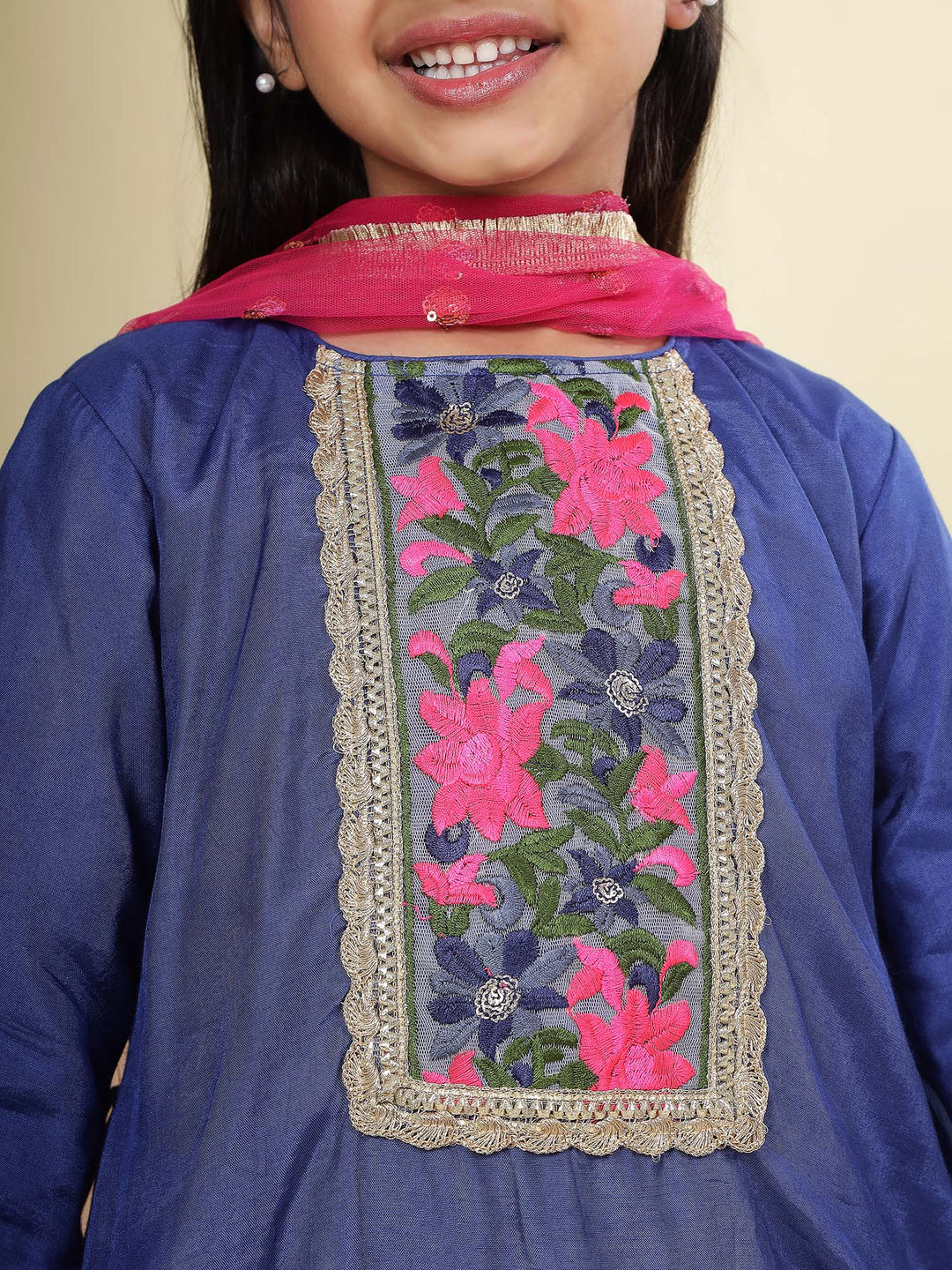 Blue Floral Embroidery Semi- Silk Kurta with Cotton Sharara and Dupatta Set | SHOBITAM
