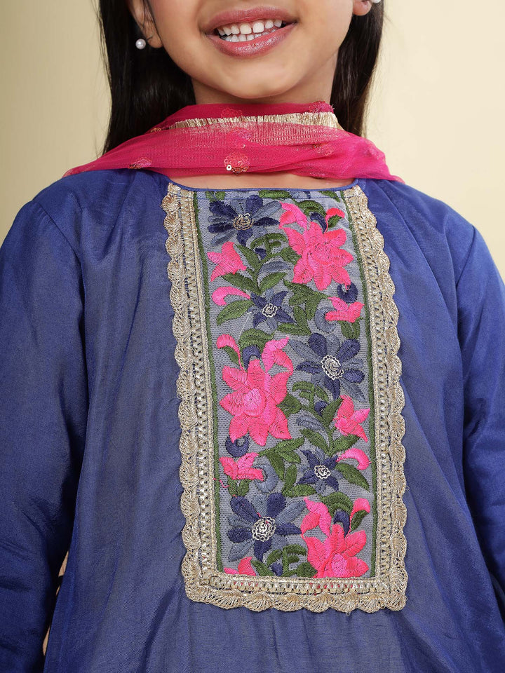 Blue Floral Embroidery Semi- Silk Kurta with Cotton Sharara and Dupatta Set | SHOBITAM
