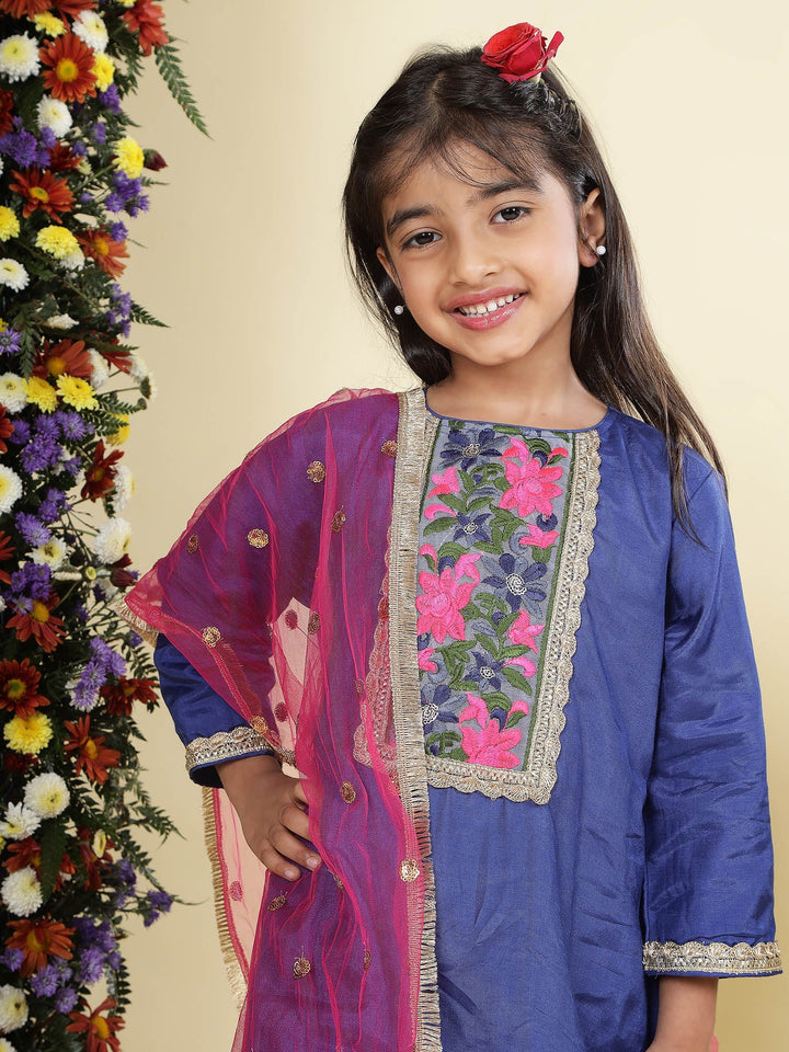 Blue Floral Embroidery Semi- Silk Kurta with Cotton Sharara and Dupatta Set | SHOBITAM
