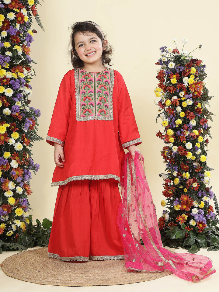 Red Floral Embroidery Semi-Silk Kurta with Cotton Sharara and Dupatta Set | SHOBITAM