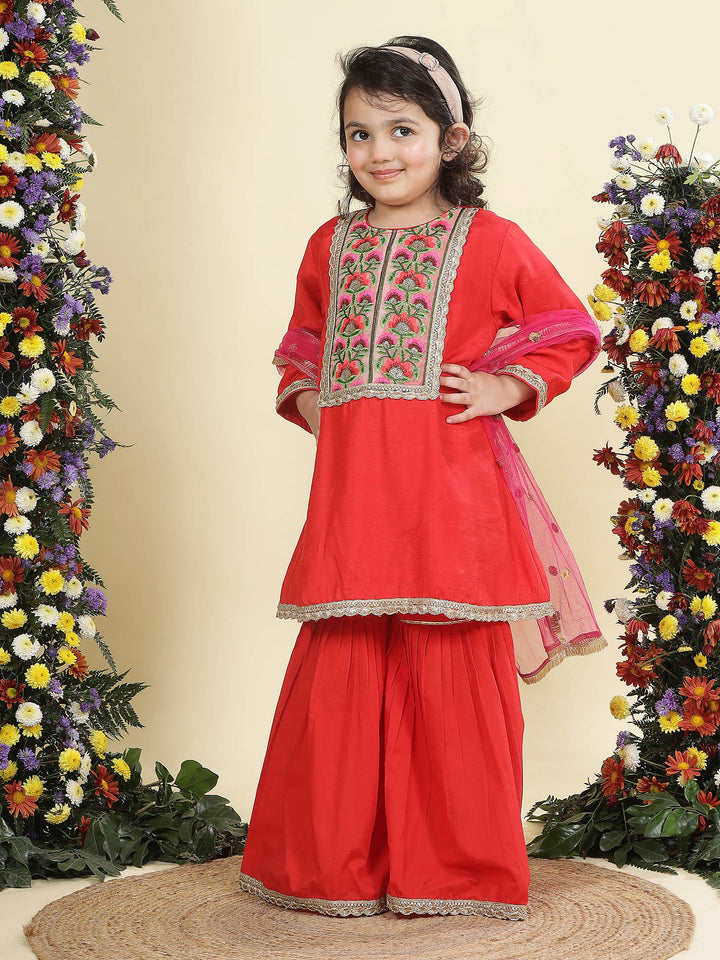 Red Floral Embroidery Semi-Silk Kurta with Cotton Sharara and Dupatta Set | SHOBITAM