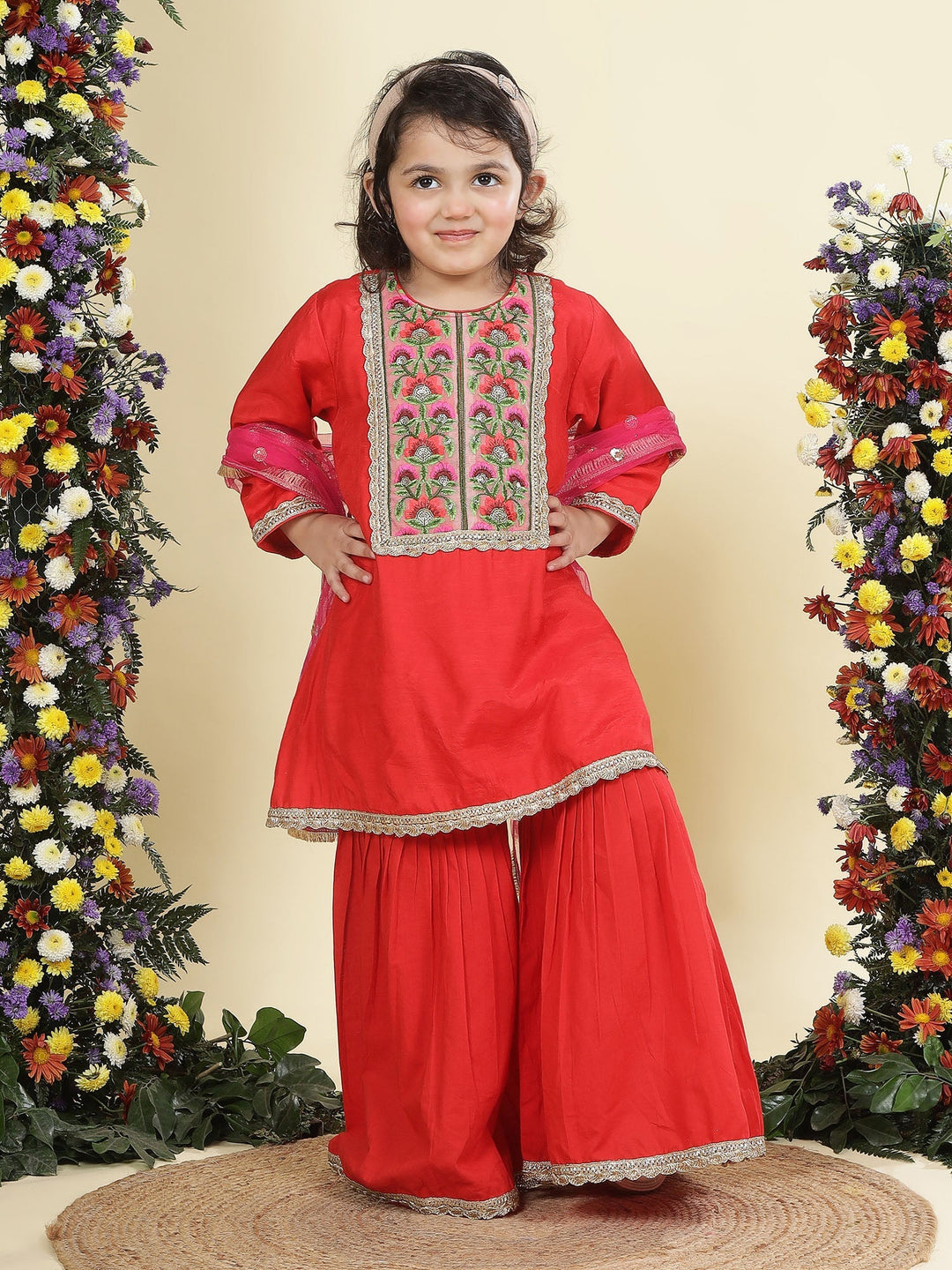 Red Floral Embroidery Semi-Silk Kurta with Cotton Sharara and Dupatta Set | SHOBITAM