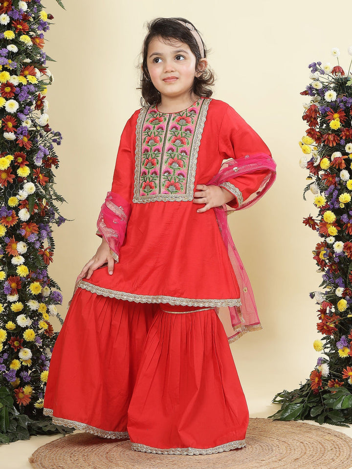 Red Floral Embroidery Semi-Silk Kurta with Cotton Sharara and Dupatta Set | SHOBITAM