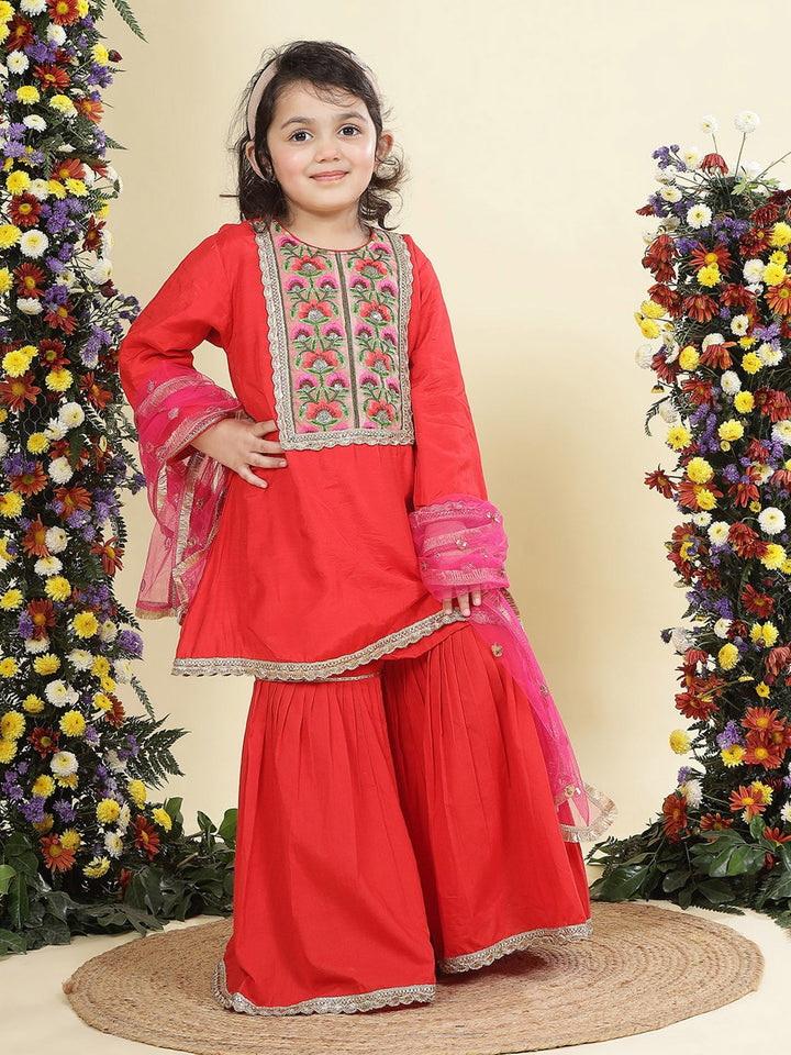 Red Floral Embroidery Semi-Silk Kurta with Cotton Sharara and Dupatta Set | SHOBITAM