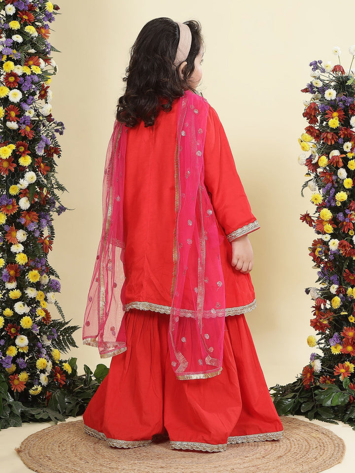 Red Floral Embroidery Semi-Silk Kurta with Cotton Sharara and Dupatta Set | SHOBITAM