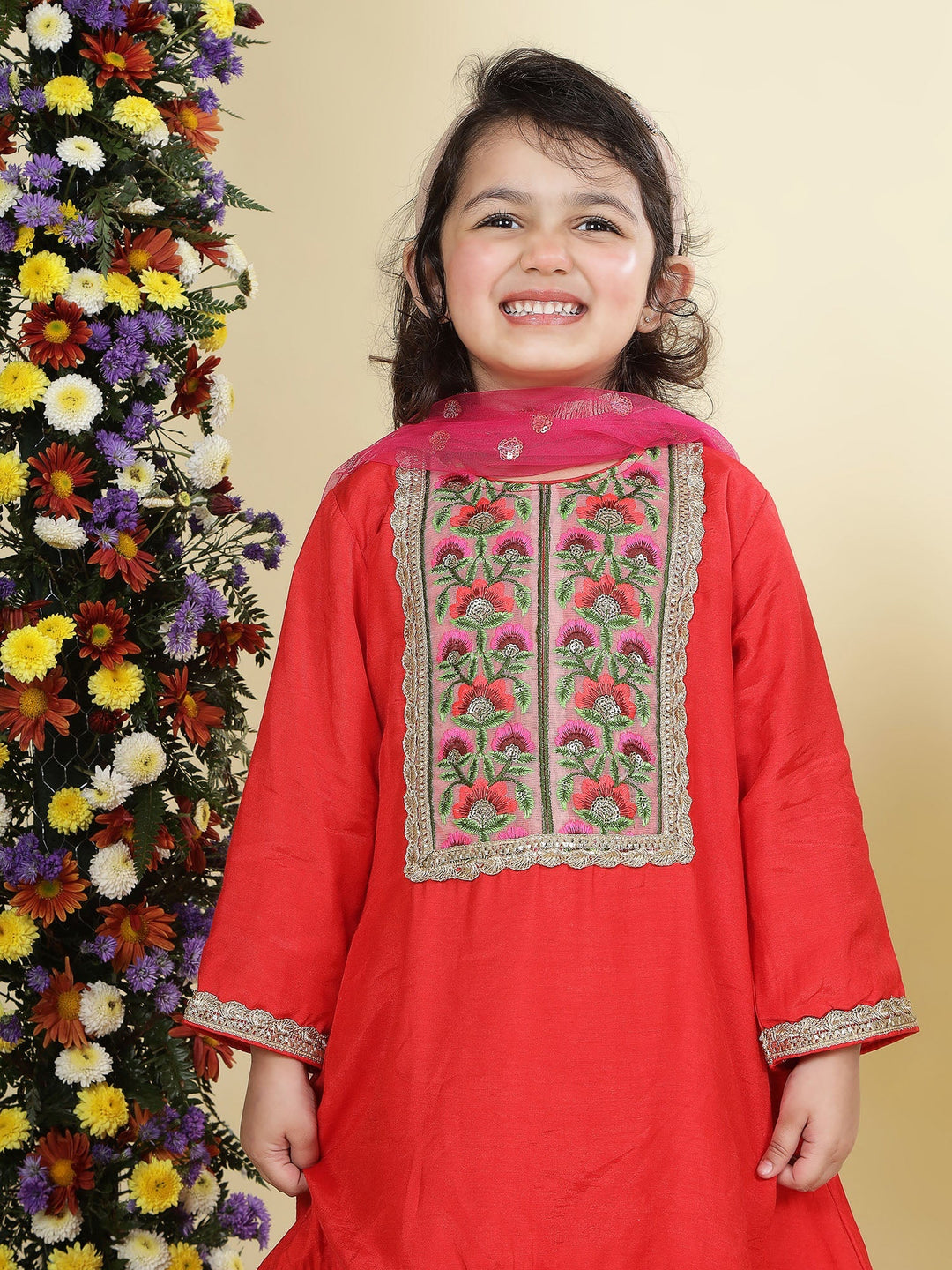 Red Floral Embroidery Semi-Silk Kurta with Cotton Sharara and Dupatta Set | SHOBITAM