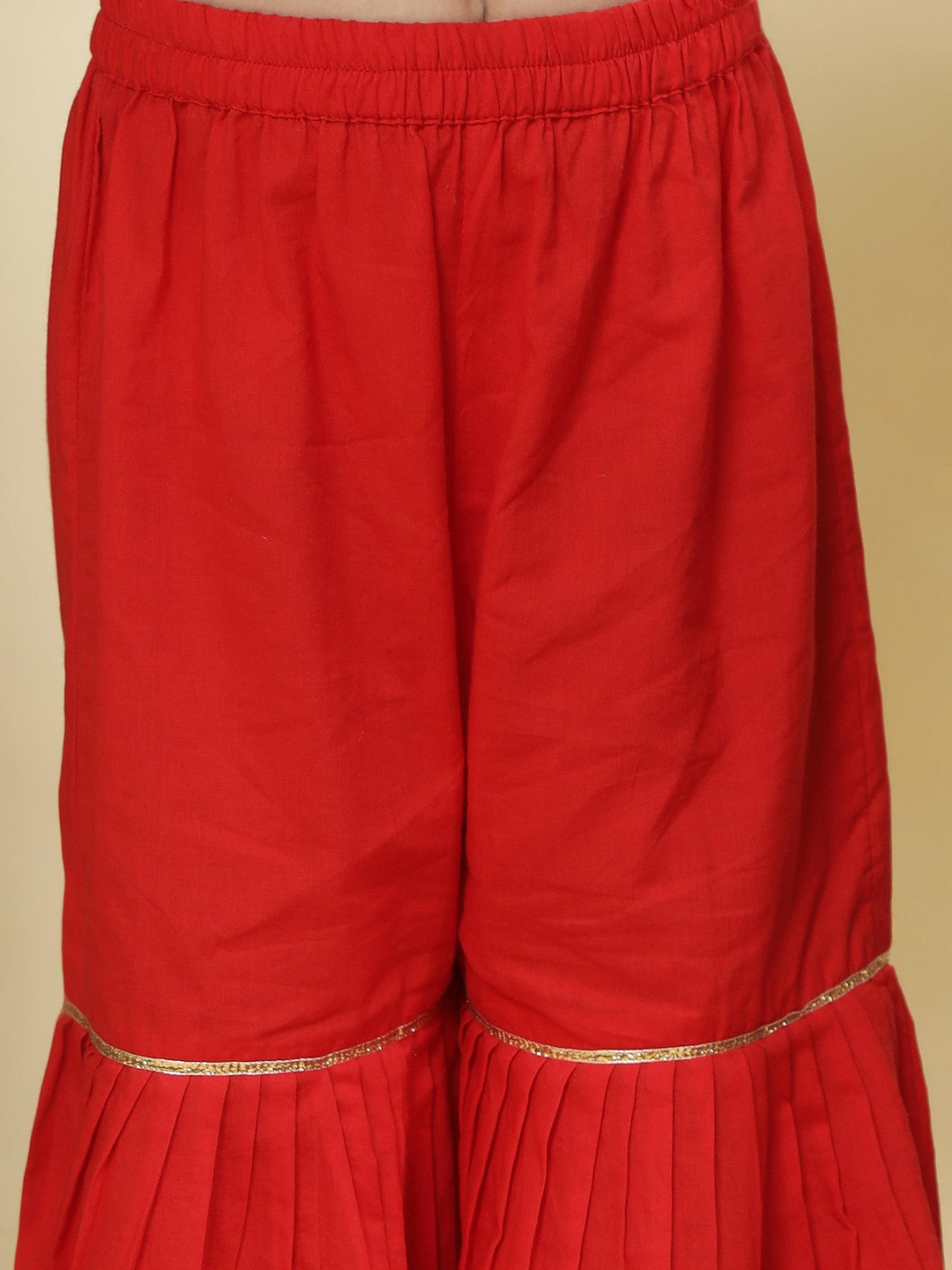 Red Floral Embroidery Semi-Silk Kurta with Cotton Sharara and Dupatta Set | SHOBITAM