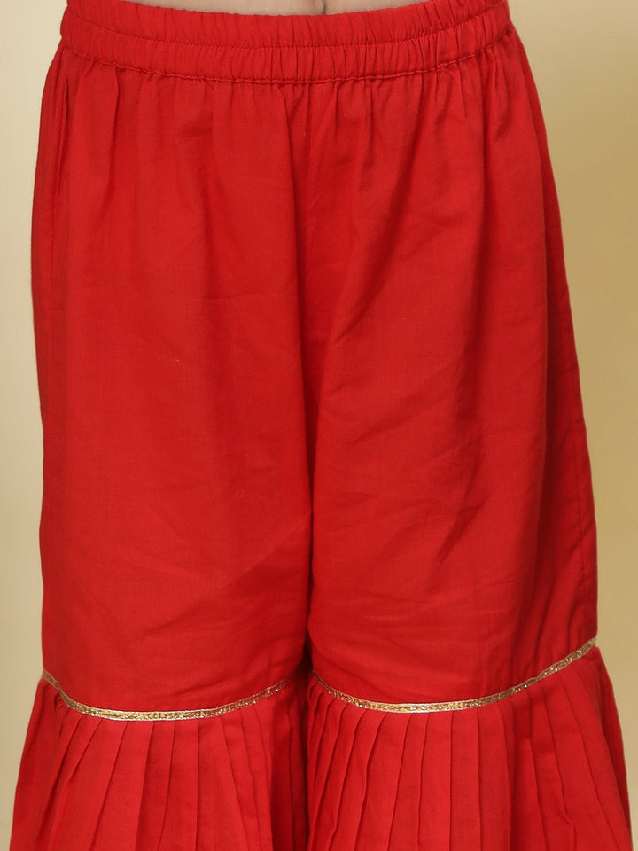 Red Floral Embroidery Semi-Silk Kurta with Cotton Sharara and Dupatta Set | SHOBITAM
