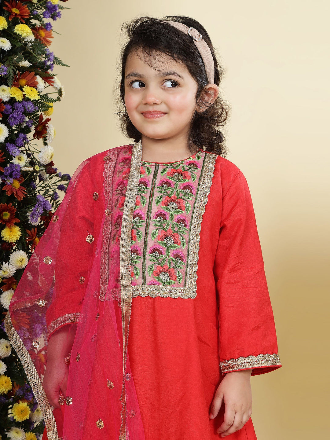 Red Floral Embroidery Semi-Silk Kurta with Cotton Sharara and Dupatta Set | SHOBITAM