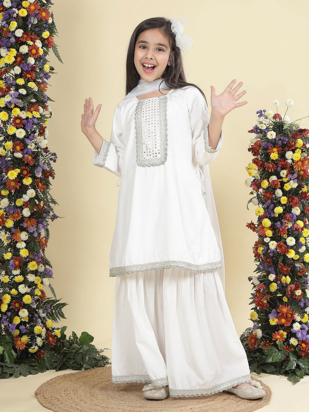Cream Mirror Embroidered Semi-Silk Kurta with Cotton Sharara and Dupatta Set | SHOBITAM
