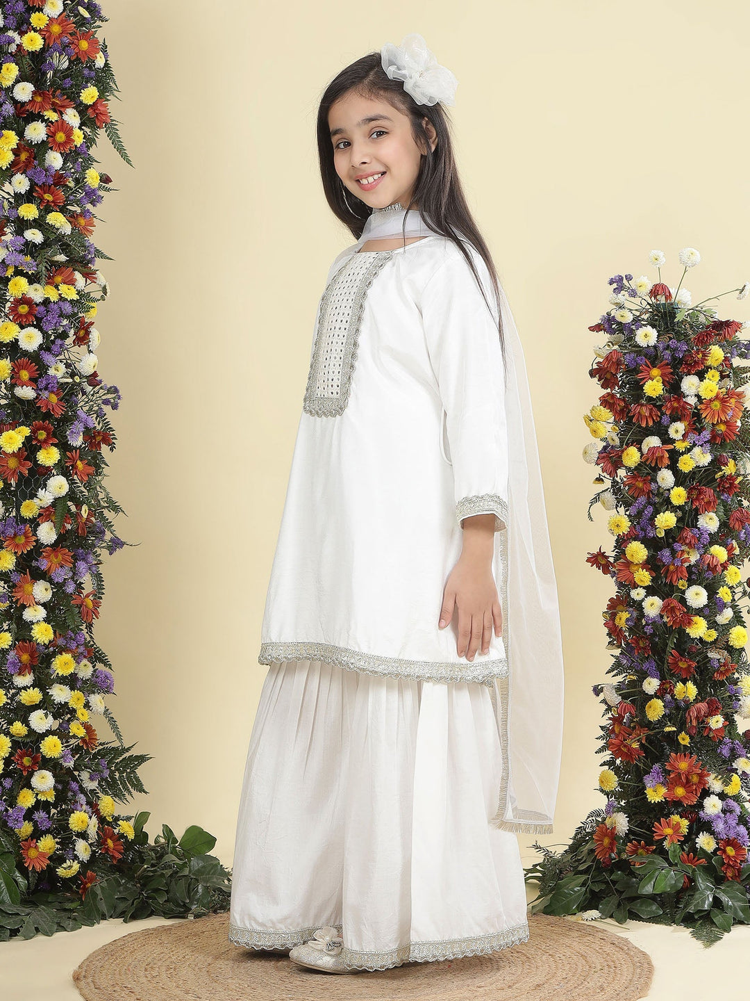 Cream Mirror Embroidered Semi-Silk Kurta with Cotton Sharara and Dupatta Set | SHOBITAM