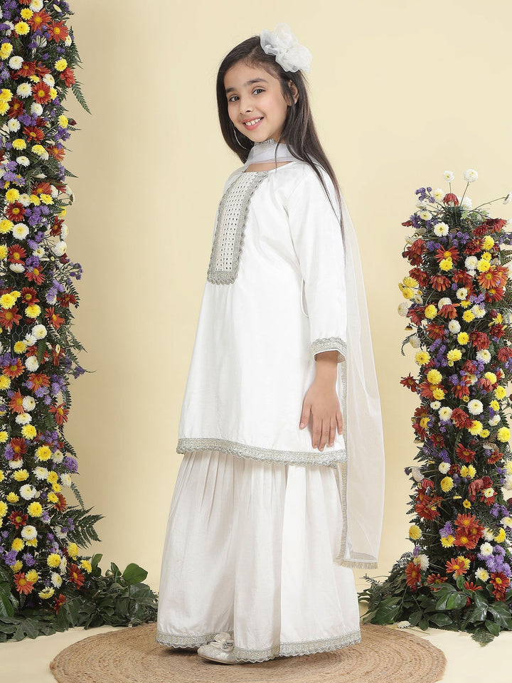 Cream Mirror Embroidered Semi-Silk Kurta with Cotton Sharara and Dupatta Set | SHOBITAM