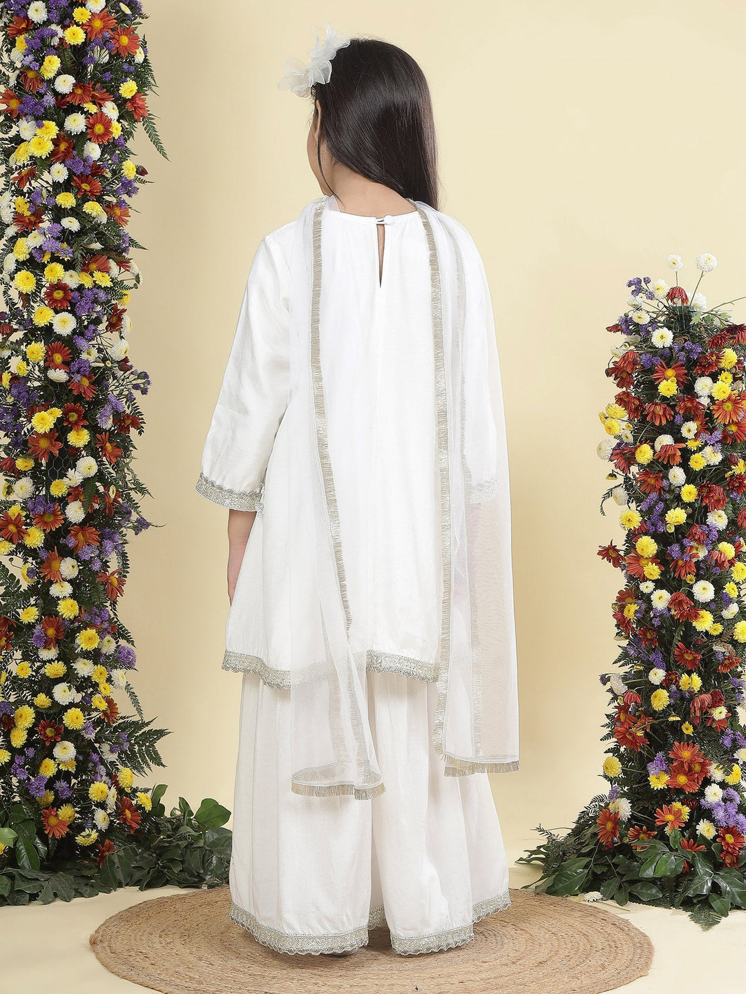 Cream Mirror Embroidered Semi-Silk Kurta with Cotton Sharara and Dupatta Set | SHOBITAM