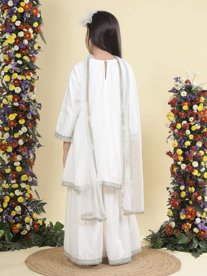Cream Mirror Embroidered Semi-Silk Kurta with Cotton Sharara and Dupatta Set | SHOBITAM