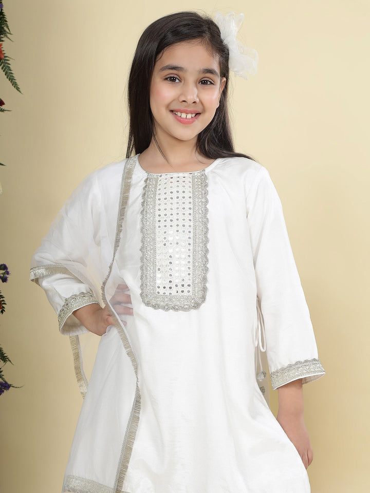 Cream Mirror Embroidered Semi-Silk Kurta with Cotton Sharara and Dupatta Set | SHOBITAM
