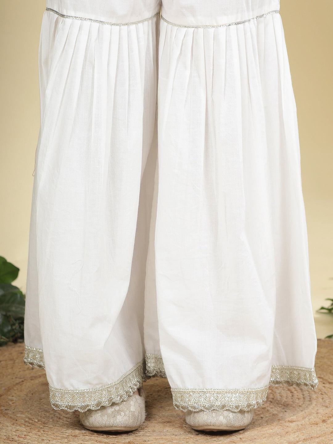 Cream Mirror Embroidered Semi-Silk Kurta with Cotton Sharara and Dupatta Set | SHOBITAM