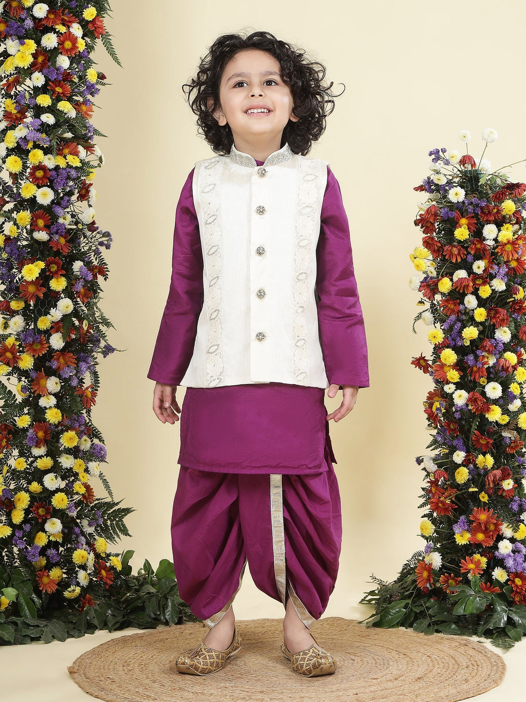 Floral Embroidered Mulberry Nehru Jacket with Purple Cotton Kurta Dhoti Set | SHOBITAM