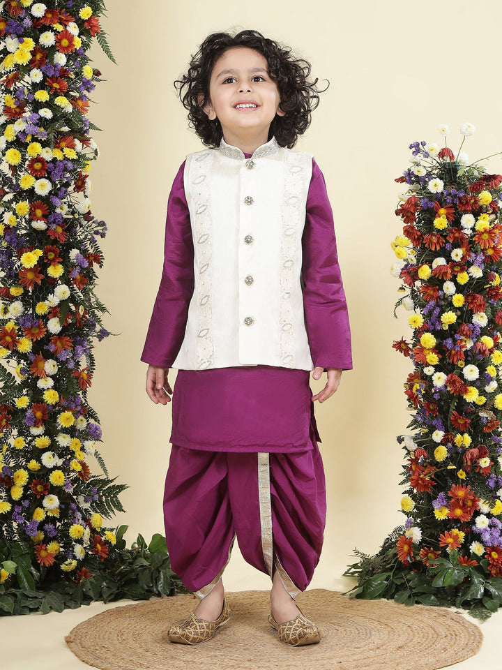 Floral Embroidered Mulberry Nehru Jacket with Purple Cotton Kurta Dhoti Set | SHOBITAM