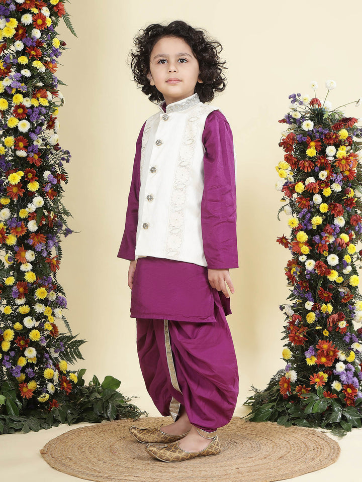 Floral Embroidered Mulberry Nehru Jacket with Purple Cotton Kurta Dhoti Set | SHOBITAM