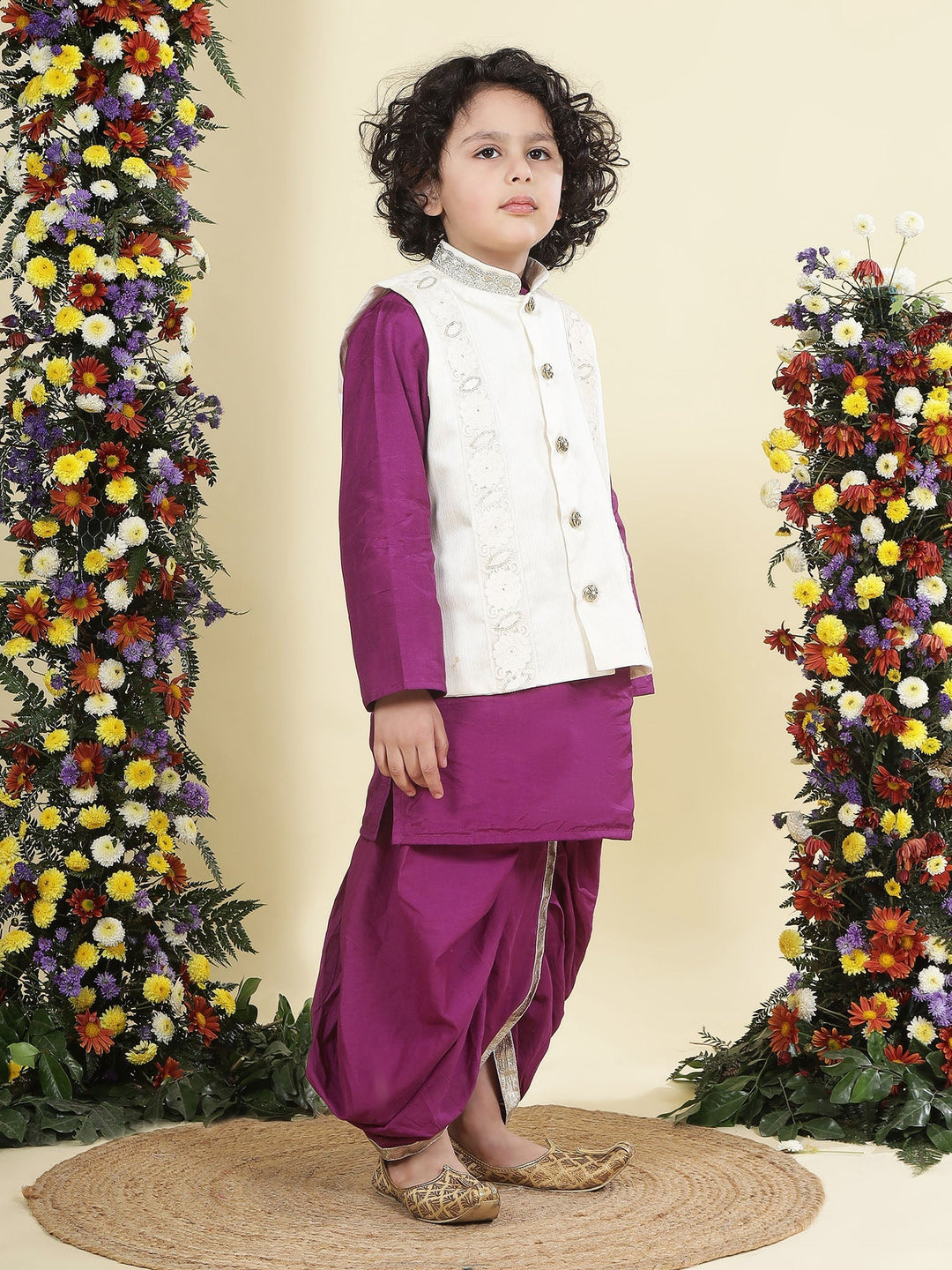 Floral Embroidered Mulberry Nehru Jacket with Purple Cotton Kurta Dhoti Set | SHOBITAM