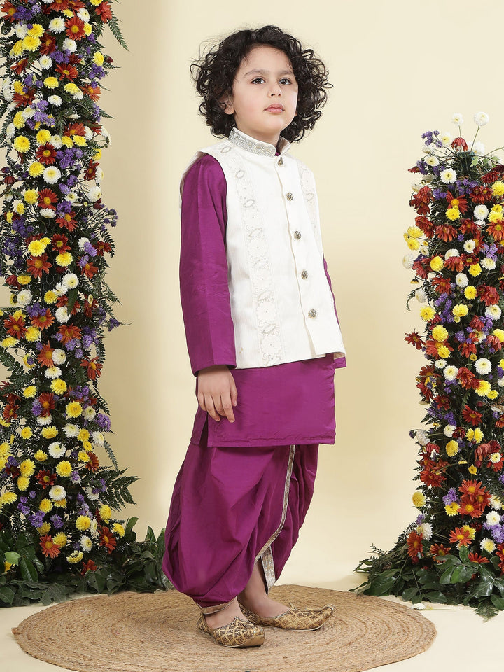 Floral Embroidered Mulberry Nehru Jacket with Purple Cotton Kurta Dhoti Set | SHOBITAM
