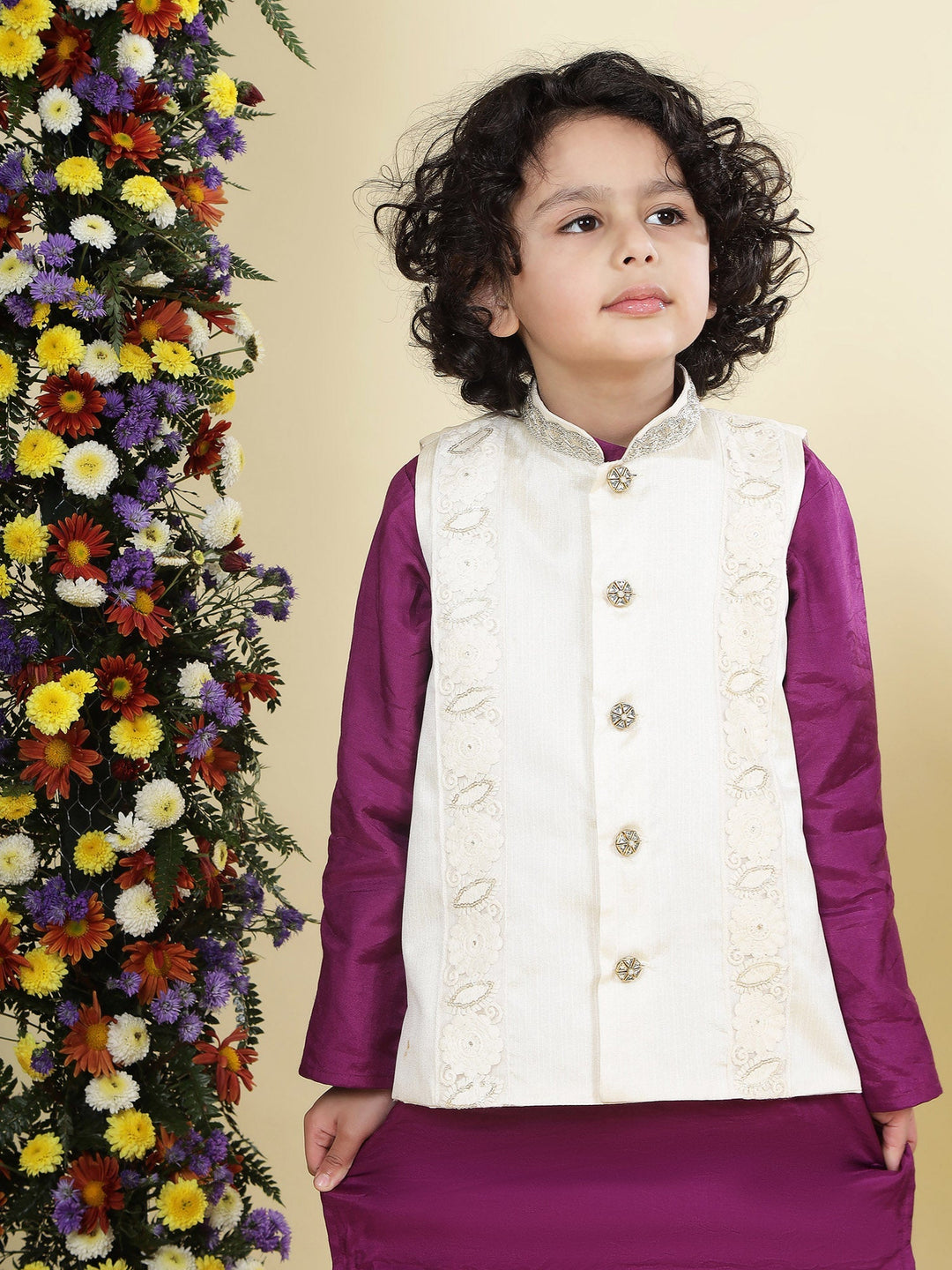 Floral Embroidered Mulberry Nehru Jacket with Purple Cotton Kurta Dhoti Set | SHOBITAM
