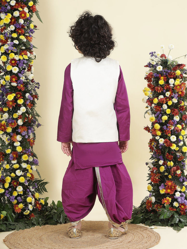 Floral Embroidered Mulberry Nehru Jacket with Purple Cotton Kurta Dhoti Set | SHOBITAM
