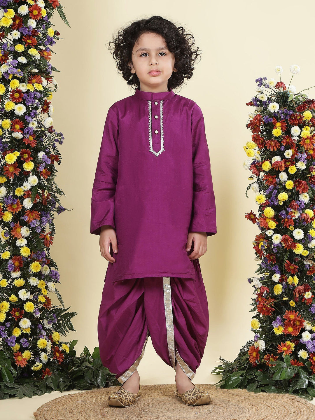 Floral Embroidered Mulberry Nehru Jacket with Purple Cotton Kurta Dhoti Set | SHOBITAM