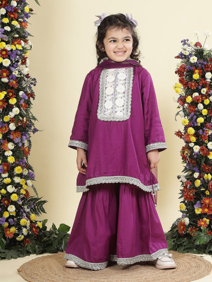 Purple Floral Embroidered Semi-Silk Kurta with Cotton Sharara and Dupatta Set | SHOBITAM