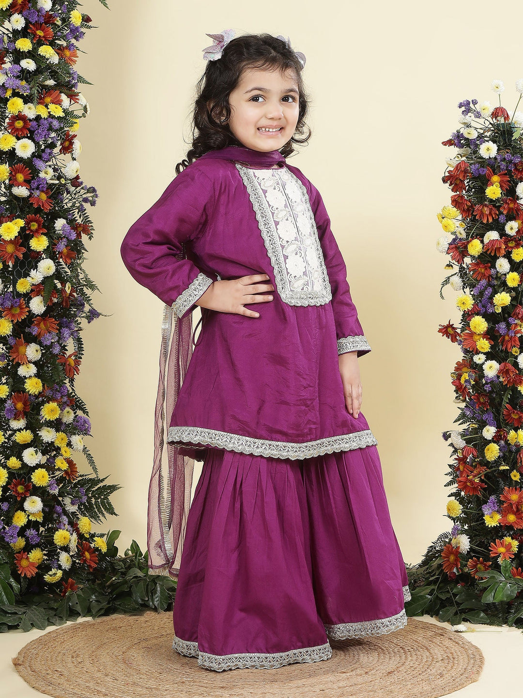 Purple Floral Embroidered Semi-Silk Kurta with Cotton Sharara and Dupatta Set | SHOBITAM