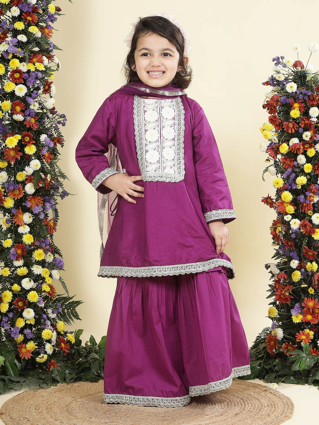 Purple Floral Embroidered Semi-Silk Kurta with Cotton Sharara and Dupatta Set | SHOBITAM