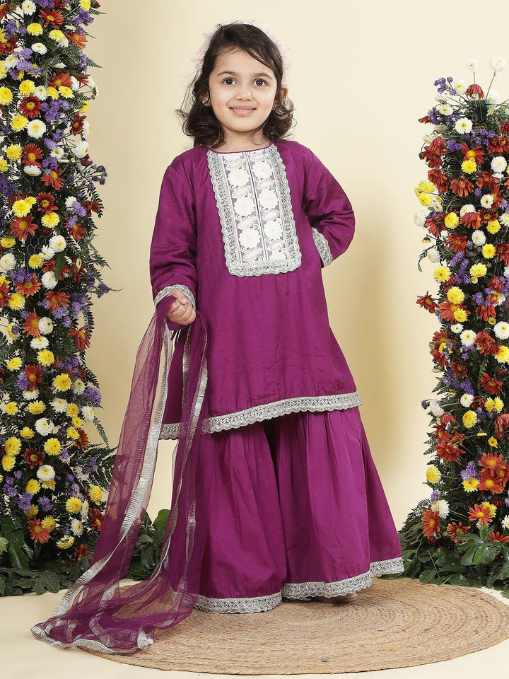 Purple Floral Embroidered Semi-Silk Kurta with Cotton Sharara and Dupatta Set | SHOBITAM