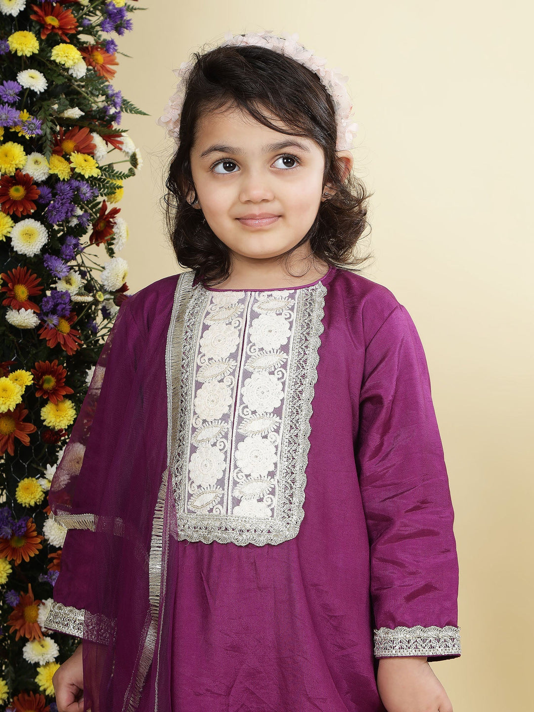 Purple Floral Embroidered Semi-Silk Kurta with Cotton Sharara and Dupatta Set | SHOBITAM