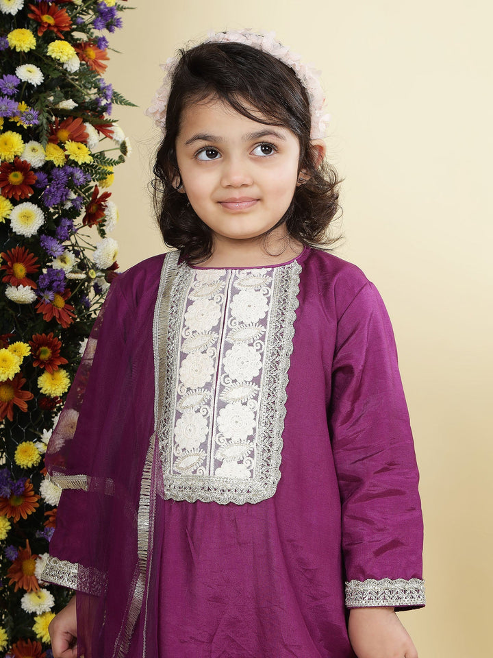 Purple Floral Embroidered Semi-Silk Kurta with Cotton Sharara and Dupatta Set | SHOBITAM