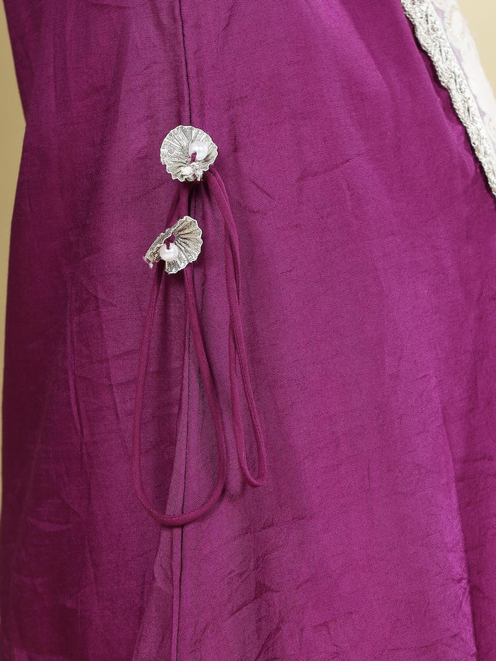 Purple Floral Embroidered Semi-Silk Kurta with Cotton Sharara and Dupatta Set | SHOBITAM