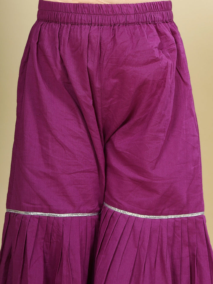 Purple Floral Embroidered Semi-Silk Kurta with Cotton Sharara and Dupatta Set | SHOBITAM