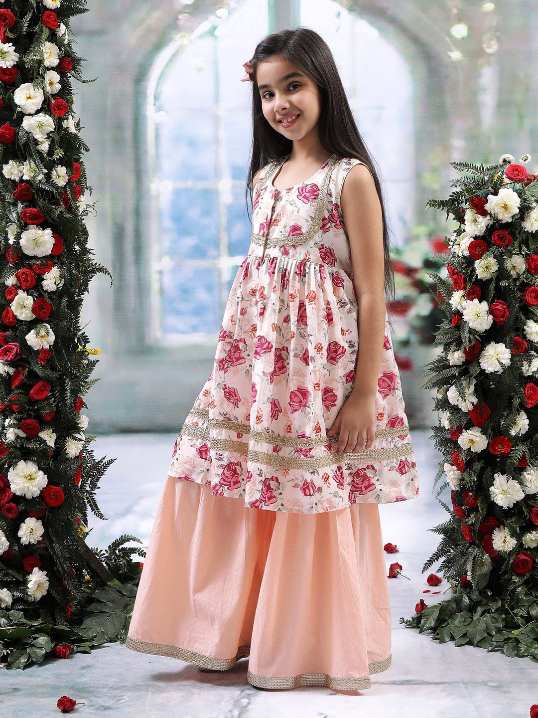 Peach Rose Muslin Kurta with Cotton Sharara | SHOBITAM