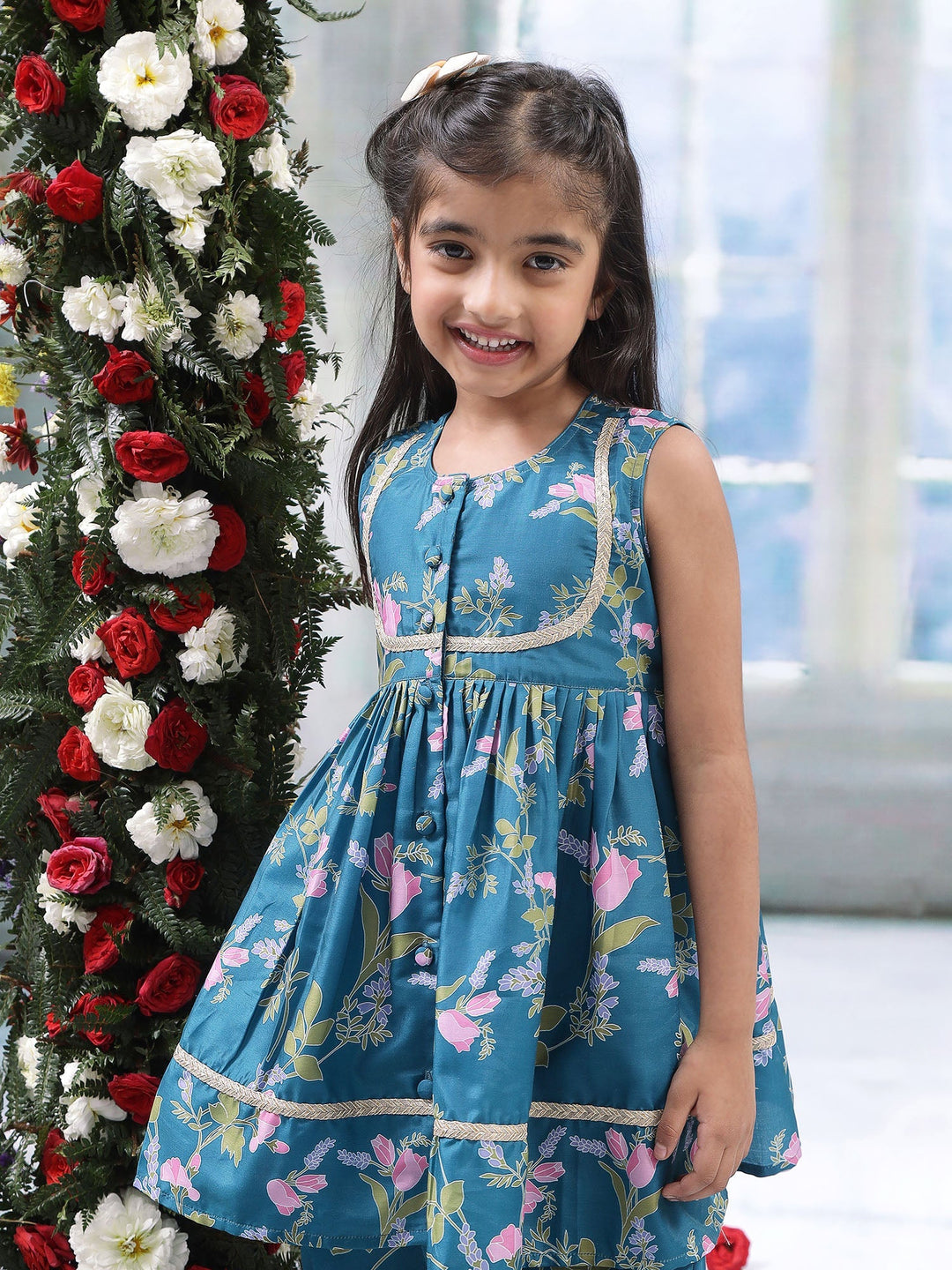 Turqouise Green Floral Bloom Kurta Salwar Set | Shobitam