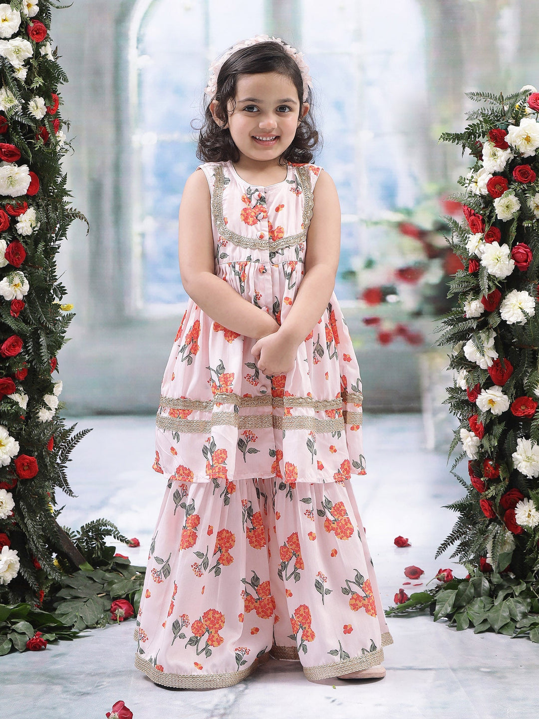 Baby Pink Muslin Marigold Bloom Kurta Sharara Set | SHOBITAM